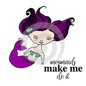 Mermaid with violet hair and seashells poster. Cute summer fantasy fairy tail marine personprint. Cool baby decoratio