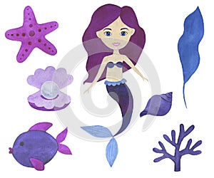 Mermaid watercolor beautiful set of illustrations Maritime collection of fairytale characters Underwater landscape corals starfish