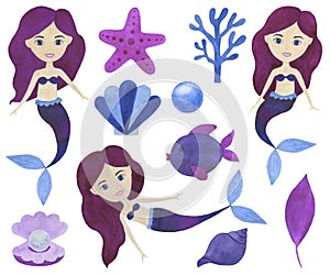 Mermaid watercolor beautiful set of illustrations Maritime collection of fairytale characters Underwater landscape corals starfish