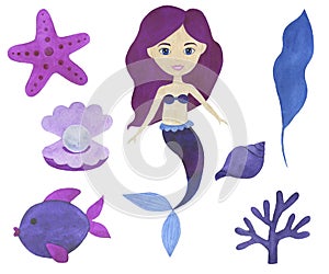 Mermaid watercolor beautiful set of illustrations Maritime collection of fairytale characters Underwater landscape corals starfish