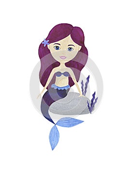 Mermaid watercolor beautiful set of illustrations Maritime collection of fairytale characters Underwater landscape corals starfish