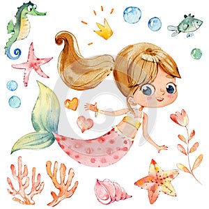 Mermaid Watercolor Character Sea Horse Ocean Kit photo