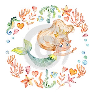 Mermaid Watercolor Surrounded by Frame of sea elements, Sea Horse, corals, bubbles, seashells, anchor, seaweeds. Ocean