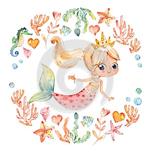Mermaid Watercolor Surrounded by Frame of sea elements, Sea Horse, corals, bubbles, seashells, anchor, seaweeds. Ocean