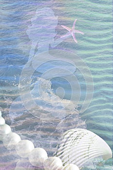 Mermaidcore aesthetics. Blue Mermaid silhouette, sea star on wavy sea background with seashell and pearls