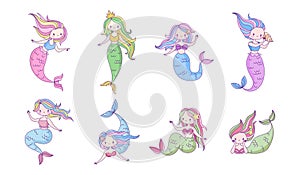 Mermaids cartoon set. Cute underwater princesses with fish tails swimming, fantasy creature with shells, myth of kids