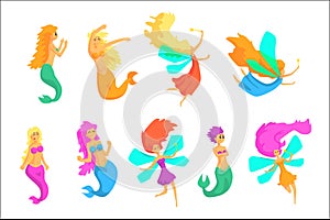 Mermaids And Fairies Fairy-Tale Fantastic Creatures With Wings Fish Tail Set Of Colorful Cartoon Characters