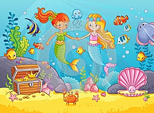 Mermaids among the fishes hold hands.