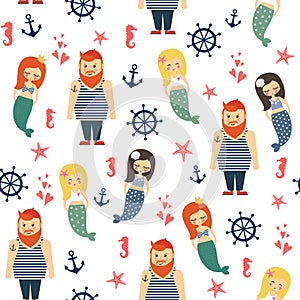 Mermaids girls with sailor, anchor, starfish seamless pattern on white background.