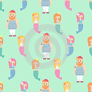 Mermaids girls with sailor seamless pattern on mint green background.