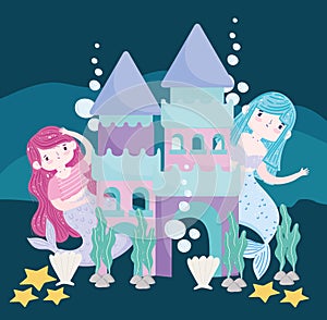 Mermaids playing in the castle sea seashells starfish cartoon