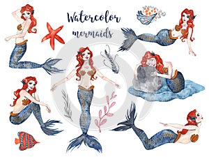 Mermaids with red hair. Set of watercolor mermaids, seashells, sea stars, fish and seaweed