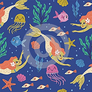 Mermaids and Sealife Seamless Pattern