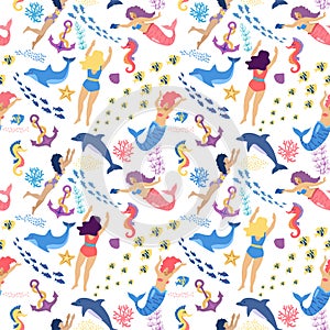 Mermaids and Swimmers girls seamless pattern on blue background, vector illustration. Cute mermaids, algae, fish and