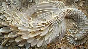 A mermaids tail sculpted from seashell spirals and displayed as a unique art piece.