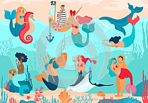 Mermaids under water, cartoon characters people vector illustration