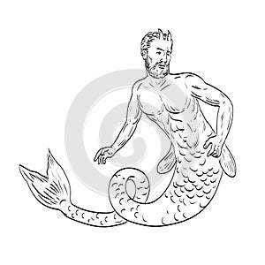 Merman Swimming Front View Medieval Drawing