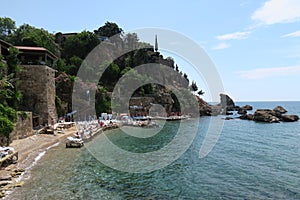 Mermerli Beach and Restaurant with the City Walls in Antalyas Oldtown Kaleici, Turkey