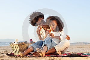 Merry African American family on picnic on beach