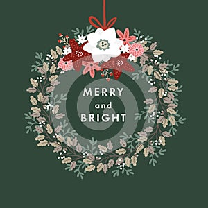 Merry and Bright Christmas greeting card, invitation. Hanging advent wreath made of white berries, oak branches and red