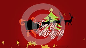 Merry and bright text banner with red ribbon and christmas tree icons against black background