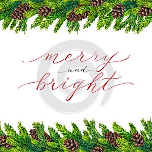Merry and Bright text on watercolor christmas border photo