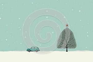 Seasonal holiday happy xmas celebration christmas background card snow car tree winter
