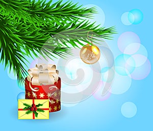 Merry Chirstmas, composition with gift box,fir tree branches, envelope and toy on blue background with bokeh.