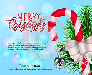 Merry Chirstmas, composition with modern calligraphy lettering on blue background with bokeh. Vector Illustration