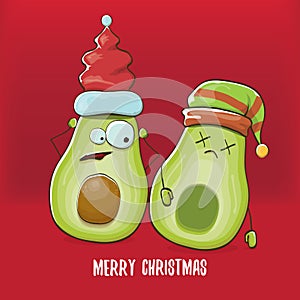 Merry chirstmas vector funky greeting card with with santa claus avocado character and his elf friend on red background