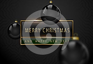 Merry Chistmas and happy new year luxury banner. Golden text, black green rectangular label frame banner. Dark geometric pattern photo