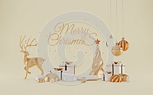 Merry Chrismas and Happy New Year banner with gift box and decoration gifts background.