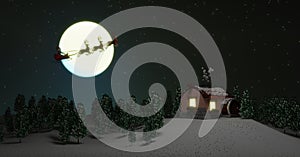 Merry Chrismas and Happy New Year with Santa and his reindeer on full moon background and snowy town.