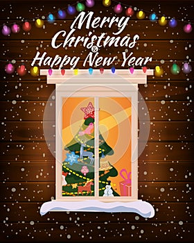 Merry Chrismas, window, night, decoraions garland retro, living room christmas tree. Xmas and new Year holiday