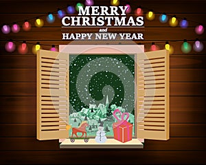Merry Chrismas window, night, decoraions garland retro, view from the window to the night landscape, retro toys photo