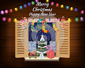 Merry Chrismas window, night, decoraions garland retro, view from the window to the night landscape, retro toys photo