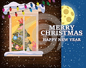 Merry Chrismas, window, night moon, decoraions garland retro, living room christmas tree. Xmas and new Year holiday photo