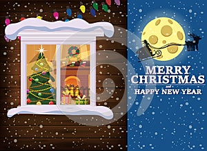 Merry Chrismas, window, night moon, Santa with sleigh, decoraions garland retro, living room christmas tree. Xmas and photo