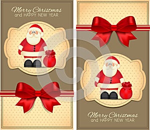 Merry Christamas and Happy New Year flyer with cute red bow and Santa Claus