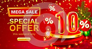 Merry Christmas, 10 percent Off. Discount creative composition. Sale banner and poster. Vector