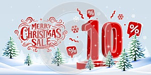 Merry Christmas, 10 percent Off discount. Sale banner and poster. Vector illustration.