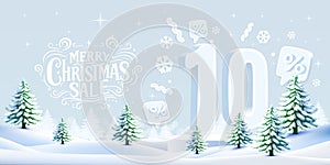 Merry Christmas, 10 percent Off discount. Sale banner and poster. Vector illustration.