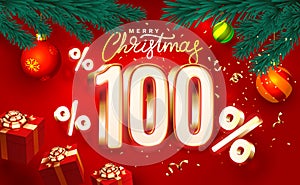Merry Christmas, 100 percent Off discount. Sale banner and poster. Vector illustration.