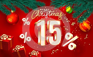 Merry Christmas, 15 percent Off discount. Sale banner and poster. Vector illustration.