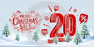 Merry Christmas, 20 percent Off discount. Sale banner and poster. Vector illustration.