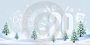 Merry Christmas, 20 percent Off discount. Sale banner and poster. Vector illustration.