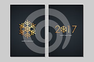 Merry Christmas and 2017 Happy New Year greeting cards with golden colored elements and black background.