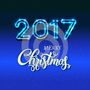 Merry Christmas 2017 sign on blue background with neon figures.