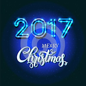 Merry Christmas 2017 sign on blue background with neon figures.