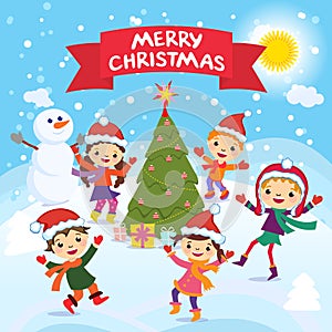 Merry Christmas. 2017. Winter fun. Cheerful kids playing in the snow. Stock vector illustration of a group of happy children in re